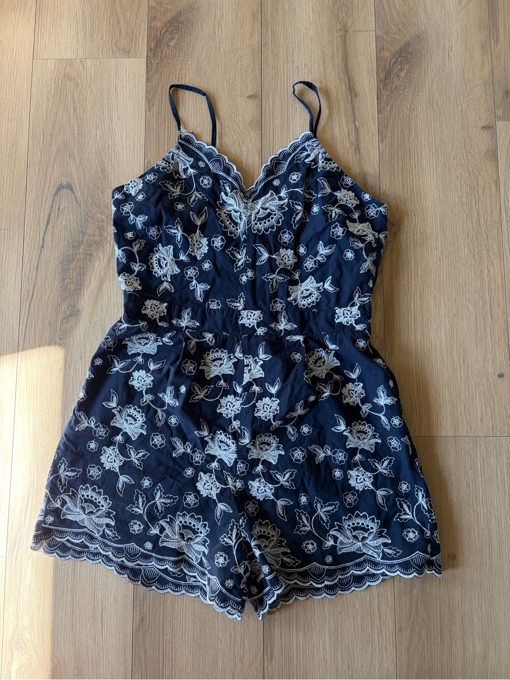 Altar'd State Navy Romper with White Floral Lace Embroidery